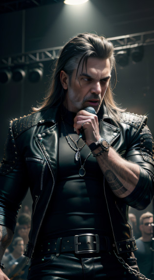 Heavy metal music style?Metal music?Heavy metal music?Rock music?r&b?Middle-aged male image?Dark style?Death metal music?Hardcore metal music?, Natural skin texture, 24mm, 4K textures, Soft cinematic light, Adobe Lightroom, photolab, hdr, Intricate, Highly detailed, Sharp focus, ((((Cinematic look)))), soothing tones, insanely details, Intricate details, ultra�-�detailed, Low contrast, Soft cinematic light, dim colors, exposure blend, hdr, Epic reality? cinematic ligh? dramatics? pastelcolor? mediating? art  stations? Concert?Rock stars attract,studded leather jacket?Masterpiece, Best quality,Photo, Realistic, Sharp focus, extreme hight detail, light fixtures, The muscle man yells into the microphone on stage, lamp lights, Ratchet speakers, Rock stars attract?posing on a, Angry?Leather Jean, belt, Chains, shoulder pad, Gorgeous rock style