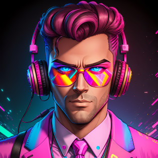 brightly colored portrait of a man with headphones and a tie, synthwave art style ]!!, synthwave art style, masterpiece epic retrowave art, retro pink synthwave style, 8 0's airbrush aesthetic, synthwave style, synthwave art, [ synthwave art style ]!! ]!!, [ synthwave art style ]!!, vaporwave style masterpiece --auto