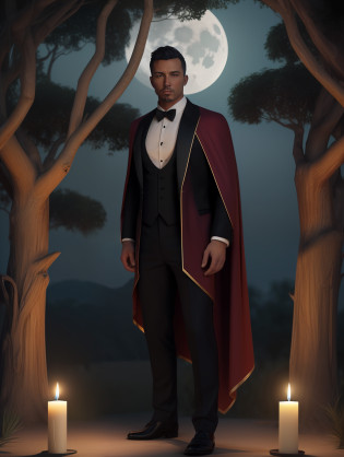Natural 35mm F4 full body photo of a respectable gentleman on a tuxedo, wearing a black and red cape. In a whimsical forest surrounded by candlelights, with a fine cigar in one hand and a glass of whiskey in the other hand. A big mango tree as the background, moonlight, twilight, haze. The final image should be awe-inspiring and leave the viewer in no doubt of the gentleman�s power and majesty. 3d render, octane render, cinematic, trending on artstation | Isometric | Centered hipereallistic cover  photo awesome full color, ,  hand drawn, dark, gritty, realistic  mucha, klimt, erte .12k,  intricate. hight definition , cinematic,Rough sketch, mix of bold dark lines and loose lines, bold lines, on paper , full body with silky dress, humanoid, Full body.