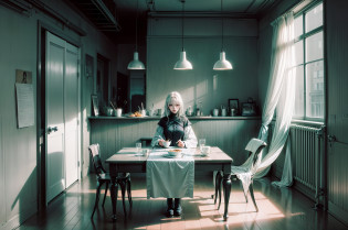 Realistis?dystopian?Zdzis?aw Beksi?ski style?Zdzis?aw Beksi?ski style?Wide shot, From above, Ultra-wide angle, Sony FE GM?A girl sits in a silver-white public dining room?The girl's upper body is white?The shirtless skin looks pale and scary?Her hair is shiny?Expressive hairstyle?But the hair strands are mixed with unnatural blacks and grays?Her eyes were crazy and empty?The pupils are abnormally dilated?There is no life in the eyes?As if hollow?Her lips parted?Smile nervously?Sharp teeth are exposed?Her body leaned forward?It gives a feeling of unease and tension?Bright restaurant?But the geometry and lines on the walls and ground became distorted and misaligned??Some blurry faces or ghostly images can be added to the wall?It feels ominous?gauges, Dining room chairs and decorations can also have strange shapes and colors?Add a dystopian horror vibe?The girl looked up at the window?But outside the window was a dark and distorted scene???Some disturbing scenes can be shown?For example, Distort the architecture?Collapsed cities, etc?The lights in the room are bright and dazzling?But the lights cast strange shadows?It creates an atmosphere of terror?black long boots?Recline in a chair