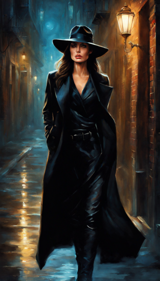 A realistic masterpiece featuring the face of Angelina Jolie, featuring a private detective wearing a fedora hat, black pants, black overcoat and black leather boots.  She meets a man in a dark alleyA realistic masterpiece featuring the face of Angelina Jolie, featuring a private detective wearing a fedora hat, black pants, black overcoat and black leather boots.  She meets a man in a dark alley Fantasy Art