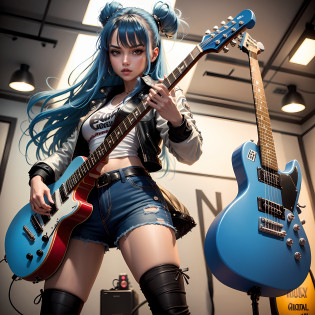 araffe woman with long hair playing guitar and posing for a photo, rocking it, dreamy rock girl, photo from a promotional session, guitarist, action glamor pose, rock star, girl plays guitar, punk-rocker, holding electric guitars , headbanging , holding an electric guitar, guitar solo, holding an electric guitar, holding an electric guitar, blue hair, brown eyes, ripped jeans, white t-shirt, leather jacket, side lighting, best quality, high resolution, portrait , 50 mm, Full Frame, 4k resolution