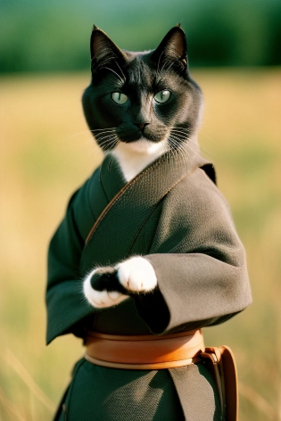 analog style| cute cat wearing samurai armor standing in an open field | samurai! ! | highly detailed | award winning | smooth