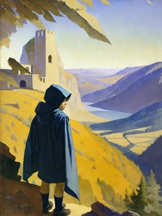 <lora:N.C.Wyeth:1>a painting of a young boy with a hood over his head looking out over a valley by N.C. Wyeth