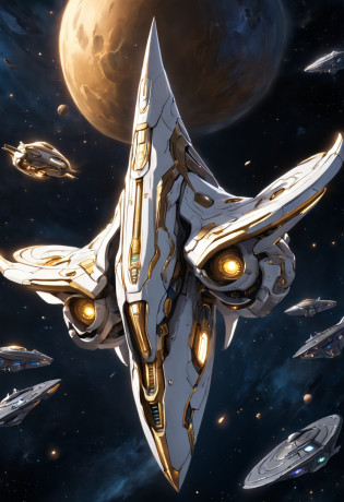 ivory white and gold plated starship like the starcraft protoss, spaceship with two wings flying in the sky at night, dark ( spaceship ), scifi spaceship, cartoon fantasy spaceship, futuristic spaceship, alien space ship flying in space, spaceship far on the background, spaceship in dark space, futuristic starship, detailed spaceship, spaceship, space ship in space, legendary space ship, big weird spaceship, small starship near, space ship