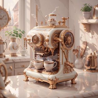 <lora:IvoryGoldAI:.9>  IvoryGoldAI coffee machine in kitchen