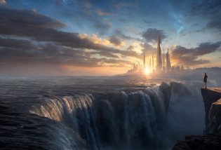 there is a man standing on a cliff overlooking a waterfall, fantasy matte painting, epic matte painting, matte painting concept art, stunning matte painting, sci-fi fantasy desktop wallpaper, epic cinematic matte painting, extravagant matte painting, majestic matte painting, beautiful mattepainting, optimistic matte painting, concept art matte painting, high quality matte painting, jessica rossier fantasy art