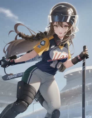 1girl, perfect anime illustration, happy, very closeup painting, dreadlocks, best brown girl hair, brown eyes, woman, team uniform, team logo, number, ice hockey, stadium, hockey puck, dark green, helmet, nhl, hockey skates, team outfit with number, hockey stick, happy, realistic, ice field, gray pants, ice hockey game, aesthetic. best quality, animated lighting, masterpiece, fashion, anime, trending, detailed fanart, anime faces, dynamic pose