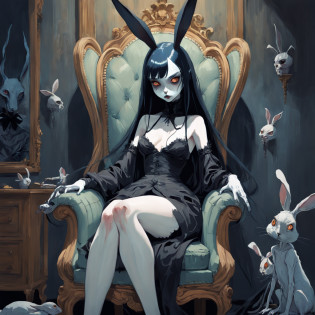 A bunny in a top hat sits on a chair, in the style of nightmarish creatures. In the style of Adrian Ghenie, Esao Andrews, Jenny Saville, Edward Hopper, surrealism, Dark Art par James Jean, Takato Yamamoto, Minimalisme inkpunk. Dans le style Tim Burton. Dans le style Addams Family. Dans le style Corpse Bride.