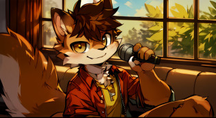 A squirrel leaning against the window holding a microphone style picture, Sly smile, commission on furaffinity, cute portrait, fursona art, cute smiling, furaffinity commission, Squirrel supplement, A squirrel, Anthropomorphic squirrel, cunning expression, fursona furry art commission