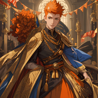 masterpiece, top quality, 1 man, orange mowhawk hair, romantic, fine eye details, intricate details, (style-pixiv:0.8), portrait, (royal chair:0.7), solo, full body shot, background detail, (royal flag: 1.1) smile, dynamic pose, royal, warrior iron armor, medieval, kingdom in background