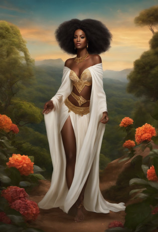 Illustration of black woman, Princesa da Floresta, universo de fantasia, Sem roupa no corpo. com seios descoberto e suas parte intimas bem exposta sem sensura focando bem na vagina grande molhada e exitada de pernas abeta bem definida