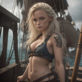 spectacular lighting, highest quality, cinematic shot (attractive Anne Bonnie, in dirty tattered pirate clothes, standing on the deck of a pirate ship moored in the Caribbean port), dirty, gloomy atmosphere, toned body (torn clothes: 0.8), perfect face, looking at viewer, (detailed skin), [tattoos], [freckles], (dirty), (dirty), (dirty), (dirty), (storm clouds) :0.7), (stormy weather: 0.5 ), dim natural light (direct light: 0.4), 8mm film grain, photographed with Sony a9 II, 24mm lens, f/2.8, deep focus (RAW), 8k, (still from Lost pirate kingdom)