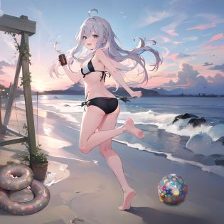 ((masterpiece,best quality,detailed)), 4k,8k,higres, 1girl, solo,  <lora:majoNoTabitabiElaina_v20:0.8>, elaina, majo no tabitabi, white hair, ahoge, long hair, braid, blue eyes,  swimsuit, light pink bikini, ((bare arms, bare shoulder, bare foots)), on beach, running, :D, large breasts,