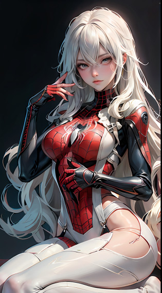 The sleeping female version of Spider-Man?gwyn?White slim tights?Spider vector logo on chest?cabellos largos dorados?adolable,Seductive pose?The barefoot?perfect bodies?Suspenders?No shoes?Toes,Spider-Man cosplay,Spider cuirass covered?Mecha Spider-Man costume?Detailed spider silhouette body with Spider-Man roleplay,Cute white slim fit leggings?There are also Gundam wallpapers on the wall,