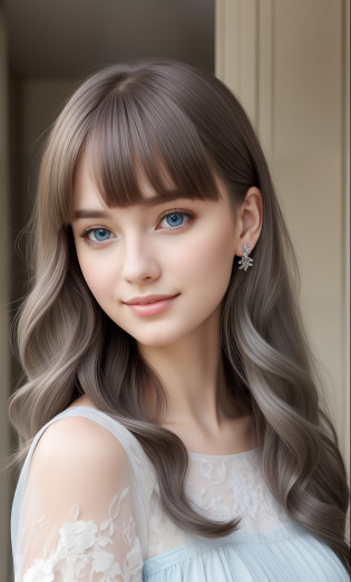 reallistic?photo-like?Detailed models?Young and beautiful model?extremely beautyful girl?soft portrait shot 8 k, gorgeous young model,Clean blue eyes?Detailed Caucasian model????Slavic Caucasian?Longhaire?bangss?masuter piece?black lace dress?frilly dress?long hair with gray hair?Gorgeous gray hair long hair?Dresses with sleeves?hair adornments?16-year-old girl?A slight smil?Hairstyle with bangs?Beautiful high nose?Caucasian girl of Slavic descent?Beautiful wavy hair?A beautiful Blue eyes?Chromo-white skin?