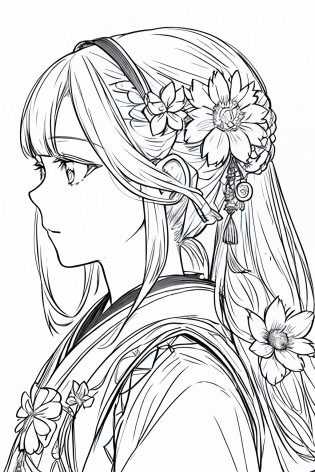 Masterpiece, Acura, 1girl, ??, Hanfu, Long hair, profile close-up view, Background for drawing a flower line, whitebackground, Monochrome, Line drawing, ((Sketch))