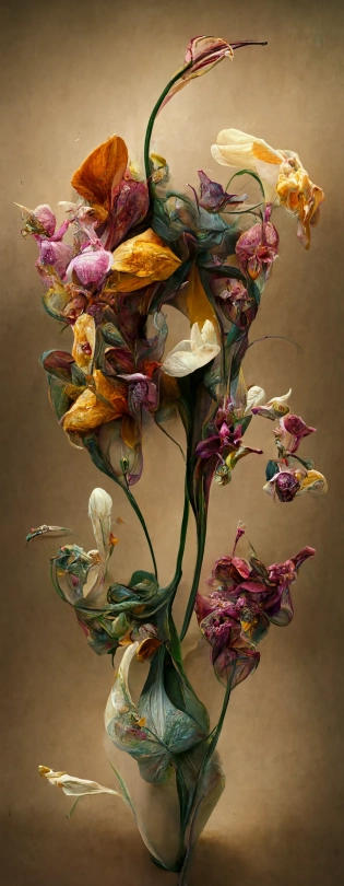 wide angle photograph of a large and bountiful orchid and wild blossoms arrangement being displayed:: flowers are art nouveau:: flowers are vibrant and beautiful, flowers are mostly golds, ochre yellows, crimson reds, violets and muted pinks:: flowers are made of crumpled paper and silk:: 8k high resolution --ar 1:3