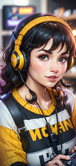 (best quality) (detailed description) woman playing on mobile phone, with curly, black hair and a yellow shirt, her face framed with curls, playing, wearing headset for games, holding the game controller, using a headset for games, playing video games, Twitch streamer, streamer, playing games,