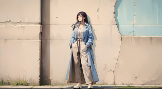Allafed woman in trench coat and wide pants standing on the wall, dressed with long fluent clothes, casual clothing style, Wearing a duster coat, Long coat, trench coat, simple style, trench coat, material is!!! plum!!!, Wearing a trench coat, coat pleats, Wearing a trench coat, Wearing a long trench coat in beige,Blue pants?Gray skin. grunge, Styling?Ruins?Buildings eroded by vegetation,