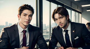 (They are male gay couple ), (head shot), (face only), (two gay handsome muscular businessmen in their 30s)?They are wearing blue business suit and pink tie in the office, short dark blonde hair, They resemble Chris Redfield from Resident Evil, mischievous smile, (small details: 1 in 1), natural muscles, hig quality, beautifull eyes, (Detailed face and eyes), (Face?: 1 / 2), noise, real pictures?... ..............PSD, Sharp focus, High resolution 8K, Realstic & Professional Photography, 8k UHD, Soft lighting, High quality, Film Grain, Fujifilm XT3