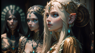 there are two people dressed up in costumes standing together, inspired by Lise Deharme, intricate futuristic led jewelry, photo-realistic unreal engine, trending on character design, beautiful wood elf, metallic sculpture, extremely detailed goddess shot --auto --s2