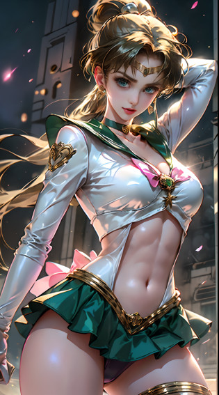 masutepiece, dynamic ungle,frombelow,Pants are visible:1.2 Bold and Sexy Slender Ultra High Leg Cut Gravette Swimwear, Shiny Green Pleated Ultra Mini Skirt, Green Pregate Ultra Mini Skirt,(Fighting stance),Sailor Jupiter Uniform,((no sleeves,Bare skin upper arm)), full: 1.3, to stand, 3D, Realistic, Ultra-micro photo, Highest Quality, ultra-detailed CG unity 8k Wallpaper,  ((Green Large Color, green sailor collar,Luxurious golden tiara on forehead: 1.4, Huge pink bow on the chest: 1.4, Green gloves on elbows: 1.1,  Green brooch)), From below, intricate-detail, (1 female), 2 years old, (hmjupiter, Green eyes, Ponytail, tiarra, Jewelry, Green skirt,Sailor Senshi Uniform, green sailor collar, Choker, elbow groves, White Gloves, pink bows, brooches, Silver White Leotard,  Pleated skirt,Meixiaonfu
), ((single ponytail)), incredibly long brown hair: 1.2, shiny beautiful straight long brown hair: 1.2, (Sailor Senshi Uniform, Bare upper arms: 1.1, Long white latex gloves with luxurious gold decoration: 1.3, very large pink bow behind the waist: 1.1, Green Choker, Cleavage is sexily boldly large, Golden ring-shaped earrings, Glossy green long knee high boots with luxurious gold d�cor), (Very thin and fitting high gloss white holographic leather: 1.3), ((Dynamic lightning backgrou)),
((Seductive smile, Very pretty face, Face Details: 1.5, Bright green eyes, Beautiful face, Beautiful eyes, Outline of the iris, thin lips: 1.3, thin and sharp pale eyebrows, long dark eyelashes, Double eyelashes)), Luxurious huge white wings, muscular muscles: 1.2, Muscular abs: 1.2, a small face, Huge breasts, tall and perfectly proportioned, thin waist, SEXY Model Pose, Perfect hands in visible pores: 1.5, Octane Rendering, highly dramatic picture, Strong natural light, Sunlight, exquisite lighting and shadow, Dynamic Angle, DSLR Harp, Focus: 1.0, Maximum clarity and sharpness, ( The divinity of the forest, Lightning space background, Jupiter, Moonlight, Moon, dynamic background, Detail Backgro