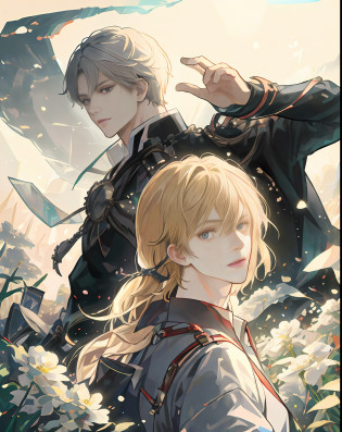 ((the�best�quality?A masterpice))?(Two handsome men)?Blonde beautiful man wizard?Middle-aged man with short black hair wearing black armor?epic anime style?Comic art?sirius a and sirius b?high quality fanart?from cryptid academia?inspired by Masanobu Okumura?detailed fan art?illutst!,Akihiko Inoue and Rostran?particle?grass field?Tuuli?fleur?simple�background?Uses backlight and rim light