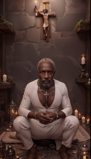 Crie uma imagem hiper realista de um homem velho afrodescendente, 80 anos, olhos brilhantes, cansados e triste, pele negra, cabelos crespo branco, roupa branca , seed paste around the neck. The decoration should be old brick wall with a crucifix, with candlelight lighting. Several candles lit on the floor, with a lot of smoke in an intimate and religious environment. Use a Sony A7 III camera with an 85mm lens at an aperture setting of F 1.2 para desfocar o fundo.  Richness in the features of the face, boca e olhos. Crie uma imagem ultrarrealista que captura a beleza natural e a personalidade, dramatic lighting, ..........................3d, VFX, 9:16 cinematic lighting, Estilo Phock, Estilo UltraVector, hyper realistic, cinemactic, Ultra High Definition, HDR, cinemactic, Realistic, precision detailed (moldura para foto) cintura), imagem central, Estilo, bioluminescente, tamanho real 8, 8K resolution