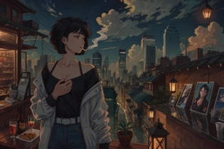 a woman looks off into the distance, (cigarette:1. 2), (smoking:1. 2), (smoke:1. 0), (holding_cigarette, :1. 0), (copious amounts of smoke, :0. 8), verandah, Ultrawide, cityscape view with the golden ratio style, 4K, cityscape, dark night, clear night sky, Cinemascope, ultra-wide format, maximum resolution, Sharp detail, bangs, black hair, closed_mouth, face, profile, medium hair, (wolf cut hair:1. 0), sky, solo, anime, <lora:smoking_ok:1. 1>, (flat chest:1. 2), long sleeve, oversized, clothes, lipstick