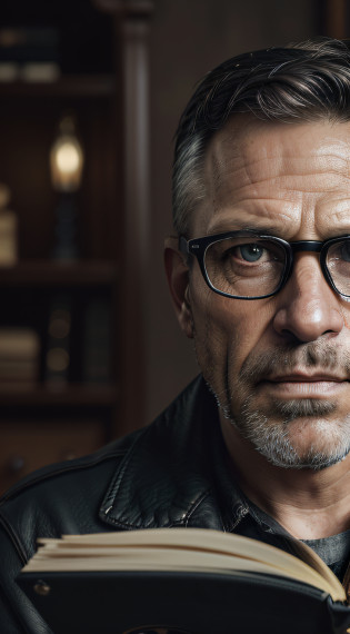 (editorial photograph 9:16of a working man sitting in his living room in, bearded, serious doing his reading, 47 years old, brown eyes), (wearing worn and worn winter shirt, wearing old worn black leather jacket, wearing glasses, detailed:1.3), (highly detailed face:1.4), (background inside dark, grumpy, private study, antique furniture:1.3), (8k, uhd, DSLR,  high quality, cinematic lighting, bokeh), (dramatic and award-winning photography, amazing masterpiece:1.3) (strong depth of field)