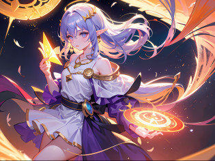 (Masterpiece, excellent picture quality, fine CG, beautiful eye details, ultra-detailed, complex details: 1.2), 8k wallpaper, exquisite facial features, (1girl, solo: 1.4), long hair, (flying hair: 1.2), (wind L: 1.3), (Elf, Halo: 1.3), Exquisite Eyes, Glowing Eyes, Earrings, Underwear, Anklets, Chest, Necklace, (Purple Flame: 1.5), Feathers, (Magic Book, Magic Ball: 1.5), (Flying Paper Air: 1.4), Magic Circle, Spell, Night, Darkness, (Prism, 1.4) Starry Sky Background, (Colorful Splash: 1.5), Splash Art, Real Lighting, (Cool Magic Effect: 1.2), (High Saturation degrees), High Contrast: 1.4), Extreme Color, (surrounded by glowing white particles: 1.6)
