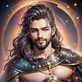 Uma fantasia hipnotizante-realistic artwork of Wren Astralis awaits you in the TechnoVisionary collection. Immerse yourself in the captivating presence of Wren, com seu cabelo intrincado e elaboradamente penteado, complementing his galactic beauty. Explore as profundezas de seus olhos expressivos, a curva suave de seu nariz, e o encanto de seu sorriso caloroso. O artista criou com maestria cada detalhe, from the texture of his skin to the meticulous rendering of his ears and beard. Set against a celestial background adorned with swirling galaxies and sparkling stars, this artwork transports you to a world of sci-fi maravilhas.