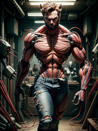 illustrate,  wolverine, Wolverine face, robot anatomical upper body, full body, standing, ((with long nails)), looking at viewer, anatomical robot wolverine, (with neon skeleton parts), (wearing denim jeans), in a old over grown army bunker,  8k, RAW photo, best quality, masterpiece, high detail RAW color photo, dramatic lighting, cinematic lighting, back light, professional lighting