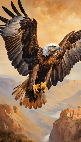 A captivating and dramatic moment frozen in time: an eagle in mid-flight, carrying a tortoise high above, preparing to release it from a great height. This extraordinary image is captured with precision using an analogue Nikon Z 14mm ultra-wide angle lens in RAW format, showcasing the raw power and resourcefulness of nature. The eagle's wings are extended wide, showcasing its strength as it holds the tortoise aloft. The anticipation is palpable as the bird prepares to release its prey from a dizzying height. The lighting adds to the intensity, casting dynamic shadows that emphasize the eagle's focused gaze and the tortoise's determined shell. The color palette is a harmonious blend of earthy tones and vivid accents, capturing the rich hues of the eagle's plumage and the tortoise's shell. The background might feature a panoramic view of the landscape below, enhancing the sense of height and the vast expanse over which this action unfolds. This image is a testament to the unyielding instinct of the natural world, revealing the strategies animals employ to secure their sustenance. It's a moment that encapsulates the circle of life and the intricate dance between predator and prey, inspiring awe and wonder in the face of nature's complexity.