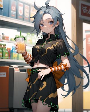 Himemushi Momoyo, patterned clothing, black shirt, green ring, orange ribbon, orange bow, black skirt, standing, convenience store, beverage cooler, smile
 <lora:Himemushi_Momoyo:0.85>