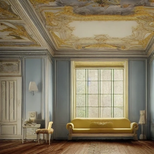 High-resolution nature photography, wooden floor, large windows opening onto the garden, Baroque furniture and decoration, high ceiling, beige blue yellow pastel palette, gloomy atmosphere; 8k, intricate detail, photorealistic, realistic light, wide angle