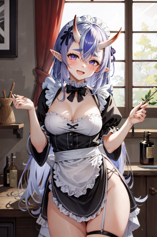 Rindou Mikoto, (maid uniform:1.1), 1girl, solo, long hair, looking at viewer, blush, smile, open mouth, hair between eyes, medium breasts, purple eyes, thighs, lying, japanese clothes, horns, pointy ears, fang, indoors, mole, streaked hair, hair tubes, thick eyebrows, mole under mouth, light purple hair, skin fang, o-ring, oni horns, oni, short eyebrows, mole on thigh, 8k, masterpiece, best quality, absurdres, perfect anatomy, cinematic lighting, cowboy shot, <lora:RindouMikoto:1>