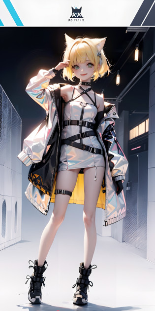1 girl, pastelcolor, yellow hair strokes, Cyan eyes, short detailed hair, Small cat ears, Cyberpunk clothes, There are a lot of hairpins in the hair, Shoulders open, Hands open, Slimming the waist, A happy smile with a long tongue sticking out, Long tongue, whole-length, legsupms, Reference, Anime reference, Reference roles from different angles, white backgrounid