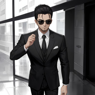 Man in suit and sunglasses standing in a corner, Estilo Mohamed Chahin, serious business, vestindo um terno preto, vestindo terno preto, in suit with black glasses, com uma pose cool, Tiro com iPhone 1 0, Directed by: Robbie Trevino, Tiro no iPhone 6, vestindo terno cinza preto, vestindo ternos pretos causais, Make this image in black style and a cinematic scene and leave the night and rainy weather