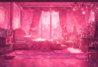 a brightly lit room with a couch and a rug in it, magical colors and atmosphere, magical colours and atmosphere, dreamy atmosphere and drama, brightly lit pink room, the walls are pink, pink zen style, very magical and dreamy, magical environment, fantastically gaudy colors, beautiful and aesthetic, floral environment, beautiful aesthetic, beautiful aesthetic design, bed of flowers on floor