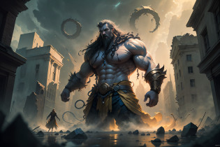 The oil painting depicts Samson, a biblical character, em uma cena impressionante e poderosa. Samson is positioned between two destroyed wall columns, symbolizing their strength and impending doom. The scene is illuminated by rays of sunshine that pierce through the cracks of the walls, creating a striking contrast with the surrounding darkness.

Samson, with his imposing figure and sculpted muscles, Raise your mighty arms, demonstrating his incredible physical strength. Her long, loose hair dances in the air, representing your connection to divinity. His gaze is determined and fierce, demonstrating their determination to fulfill their destiny.

The surrounding walls are in ruins, with broken stones and debris strewn across the ground. The environment seems chaotic, as if the structure itself was giving way under Samson's formidable force. The details of the cracks and stone fragments emphasize the magnitude of Samson's destructive power.

The painting conveys a sense of intense and impending energy. Samson's imposing posture among the shattered columns reveals his connection to impending doom. The light of the sun's rays that pass through the cracks of the walls underscores its importance and central role in this moment of great significance.

Through this work, the painting captures the essence of Samson's story, emphasizing its outsized strength and its role as a divine instrument of justice and revenge. The image conveys a sense of power and triumph, while evoking a sense of impending tragedy, for Samson is aware of the consequences of his actions. --auto