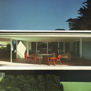 Hyper realistic eye level exterior photo of a mid century modern style house overlooking the ocean, daylight, indirect lighting, AD magazine, Frank Lloyd, Eames, Mies van der Rohe