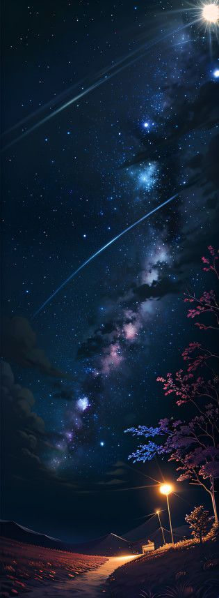 Under the trees of the starry night?The night sky is full of flowers?The night is quiet?digital illustrations?nigh sky;8K?Starry sky environment in moonlight?Starry Sky 8K?night under the starry sky?Endless universe in the background?Night background?Beautiful night sky?Cosmos Sky?author?Shinkai sincerely?starrysky?anime backgrounds