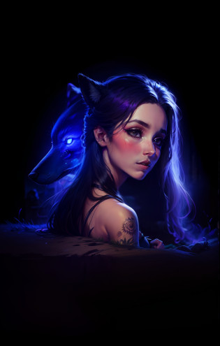 Olho violeta, garota de pele alva, pele branca, garota com sombra de lobo, garota com lobo do lado, garota junto com lobo, garota com lobo
