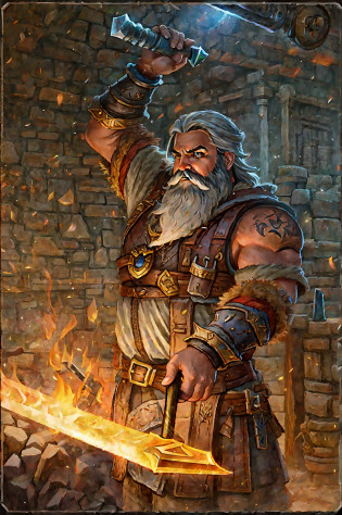 a man with a hammer in his hand is holding the hilt of a sword while heating the blade in the fire, emphasis on red hot sword, blacksmith, the god of the forge, the blacksmith, hearthstone card art, female dwarven blacksmith, blacksmith's outfit, hearthstone card artwork, ancient blacksmith god, hearthstone concept art, forge, hearthstone art, hearthstone style art, smelters, painted portrait of rugged odin