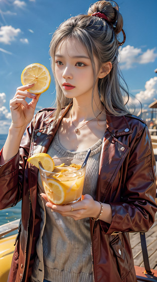 Gray sweater?Burgundy leather coat?Gray hair?Ethereal atmosphere?lemon?lemon juice?Sunny with blue sky?beautiful cloud?Whole lemon