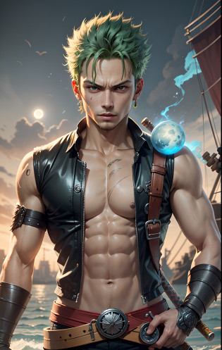 ((masterpiece)), best quality, high quality, ((extremely detailed CG unity 8k wallpaper)),(fantasy), a cartoon image of zoro a male with green hair from one piece looking battleready. one sword is in his mouth and one sword is in each hand, standing on a broken ship in the sea, night time, attacking the moon, zoro portrait, highly detailed portrait of zoro, dragon ball artstyle, Bokeh, Depth of Field, HDR,Photorealistic,extremely detailed, trending on artstation, trending on CGsociety, Intricate, High Detail, dramatic, art by midjourney,