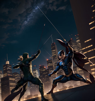 Arrow (DC comics superhero) fighting Hawkeye (Marvel coMics superhero)), facing each other in a bow & arrow duel, on roof top of a skyscraper, a city of skyscraper in background [[depth of field]] [[hyperdetailed city background]], night time, lights in the city, [[hyperdetailed body outlines]] [[hyperdetailed costumes]], loaded bows in hand, quivers, hyperdetailed movie matching costume and faces, electric winds, night sky