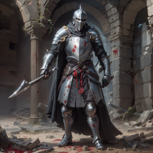 Numerous award-winning masterpieces, with incredible detail, textures and maximum detail, masterpiece, best quality, ultra-detailed, ((Agile warrior)), warrior of long military service, (short silver hair), have piercing blue eyes, (((A simple medieval knight's black helmet covering the entire head))), Cover the mouth with a face guard, (((Jet-black full-body metal armor))), He wears a helmet that covers his face, (Armor considerably damaged in battle), (((Medieval knight's armor))), ((Simple metal full-body armor with ornate decorations)), ((Armor scarred and worn from battle)), (((He has a large double-bladed battle axe))), sword sheath at his waist, dark brown leather boots, ((He has a large double-bladed battle-axe)), moss green cape over his shoulders, (blood-soaked gray skirt), ((((Ruins of an old castle)))), ((((Ruins of an ancient castle)))), (((Crumbling ruins))), (((Forgotten Ancient Ruins))), ancient battlefield,